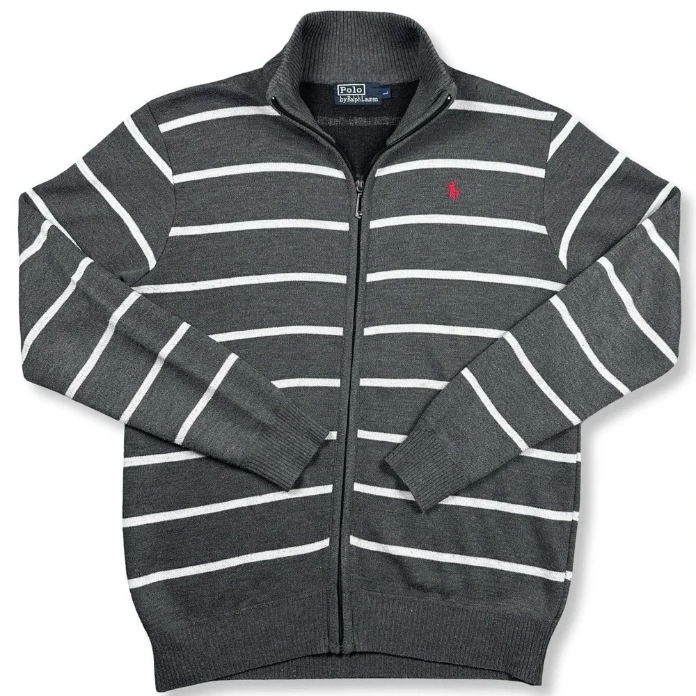 Vintage Polo Ralph Lauren Full Zip Sweater Men L Gray White Stripe Red Pony Golf